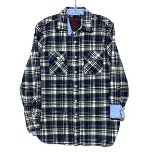 RQQBA Contrast Flip Cuff Plaid Flannel Button Shirt Mens M Country Ranch Chore